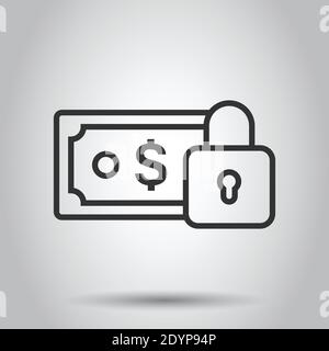 Dollarbanknote mit Schlosssymbol im flachen Stil. Dollar-Cash-Safe-Vektorgrafiken auf weißem isoliertem Hintergrund. Banknotenrechnung Sicherheit Geschäft Konce Stock Vektor