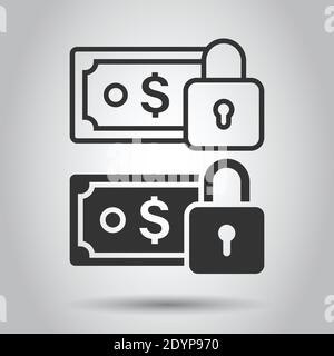 Dollarbanknote mit Schlosssymbol im flachen Stil. Dollar-Cash-Safe-Vektorgrafiken auf weißem isoliertem Hintergrund. Banknotenrechnung Sicherheit Geschäft Konce Stock Vektor