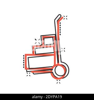 Cargo Trolley-Symbol im Comic-Stil. Lieferbox Cartoon Vektor Illustration auf weißem isolierten Hintergrund. Box Versand Splash-Effekt Geschäftskonzept. Stock Vektor