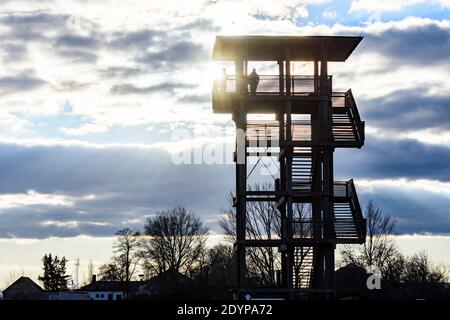 Illmitz: Aussichtsturm auf der Hölle im Nationalpark Neusiedler See–Seewinkel im Neusiedler See, Burgenland, Österreich Stockfoto