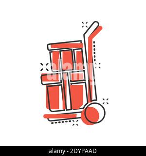 Cargo Trolley-Symbol im Comic-Stil. Lieferbox Cartoon Vektor Illustration auf weißem isolierten Hintergrund. Box Versand Splash-Effekt Geschäftskonzept. Stock Vektor