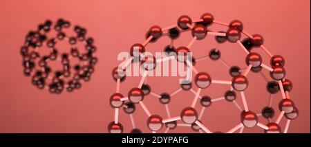 Modelle von Fullerene Molekül, Alotrope von Kohlenstoffatomen, runde Kugeln mit sechseckigen Ringen oder Mesh, molekulare 3D-Illustration Chemie oder wissenschaftlich Stockfoto