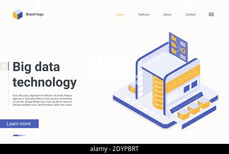 Big Data Server Maschine isometrische Landing Page Design, Cartoon 3d Info-Technologie-System für digitale Analytik Forschung, Business-Analyse Ergebnis, Suche Tech-Datenbank Informationen Vektor Illustration Stock Vektor
