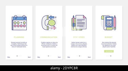Business-Planung Budget, Kommunikation Vektor Illustration. UX, UI Onboarding mobile App Seite Screen Set mit Linienplaner, Büromaterial für die Berechnung von Geschäftsstatistiken und Forschung Symbole Stock Vektor