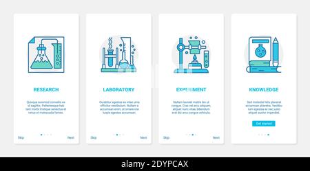 Wissenschaftliche Kenntnisse, Laborforschung Vektor Illustration. UX, UI Onboarding mobile App Seite Bildschirm mit Linie Wissenschaft Experiment Symbole, Laborflasche, Wissenschaftler Ausrüstung und Bildungskonzepte Stock Vektor