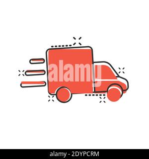 LKW-Ikone im Comic-Stil. Auto-Lieferung Cartoon Vektor-Illustration auf weißem isolierten Hintergrund. Geschäftskonzept für den Spritzer-Effekt von Lkw-Fahrzeugen. Stock Vektor