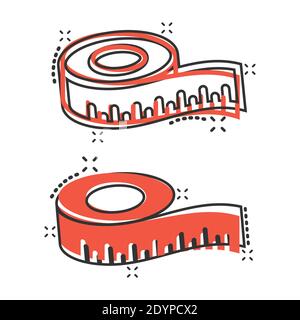 Maßband-Symbol im Comic-Stil. Lineal Zeichentrickfigur Vektor-Illustration auf weißem isolierten Hintergrund. Geschäftskonzept mit Spritzer-Effekt. Stock Vektor