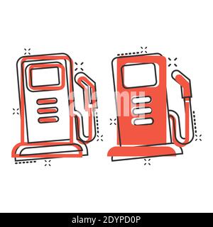 Kraftstoffpumpe Symbol im Comic-Stil. Tankstelle Cartoon Zeichen Vektor-Illustration auf weißem isolierten Hintergrund. Geschäftskonzept mit Benzinspritzer. Stock Vektor