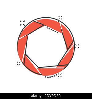Kamera Diafragma Icon im Comic-Stil. Objektiv Cartoon Zeichen Vektor-Illustration auf weißem isolierten Hintergrund. Foto-Schnappschuss Splash-Effekt Business concep Stock Vektor