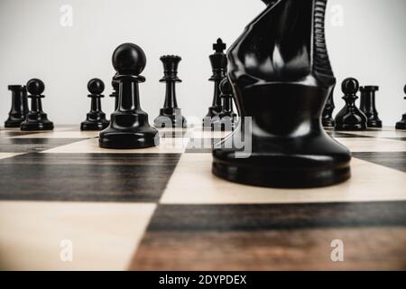 Macro photo of chess pieces on a chess board Stockfoto