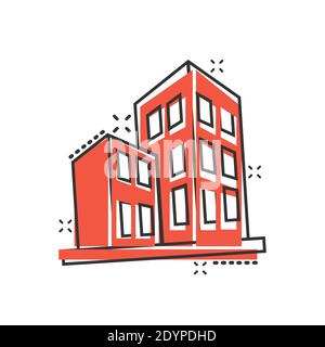 Gebäude-Ikone im Comic-Stil. Wolkenkratzer Cartoon Vektor-Illustration auf weißem isolierten Hintergrund. Geschäftskonzept mit Splash-Effekt-Architektur. Stock Vektor