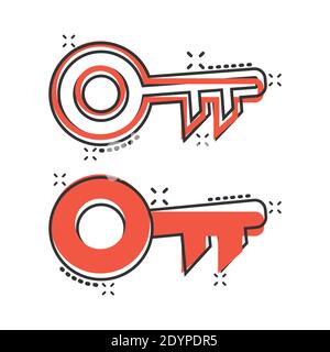 Schlüsselikone im Comic-Stil. Passwort Cartoon Vektor-Illustration auf weißem isolierten Hintergrund. Zugriff auf das Geschäftskonzept mit Splash-Effekt. Stock Vektor