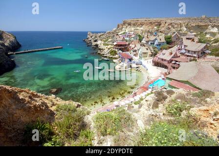 Popeye Village of Sweethaven, wo Popeye der Film mit Robin Williams in Anchor Bay in Mellieha auf der Mittelmeerinsel Malta gedreht wurde Stockfoto