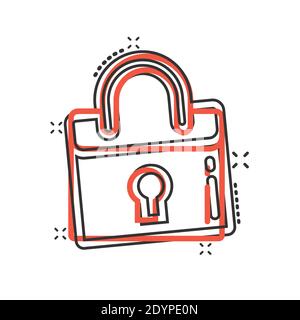 Locker-Symbol im Comic-Stil. Vorhängeschloss Passwort Cartoon Vektor-Illustration auf weißem isolierten Hintergrund. Geschäftskonzept mit Splash-Effekt zum Entsperren. Stock Vektor