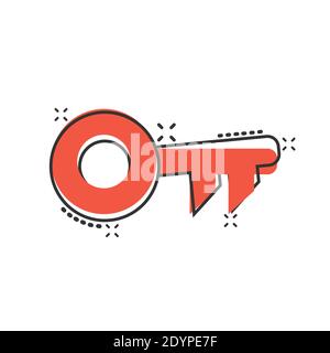 Schlüsselikone im Comic-Stil. Passwort Cartoon Vektor-Illustration auf weißem isolierten Hintergrund. Zugriff auf das Geschäftskonzept mit Splash-Effekt. Stock Vektor