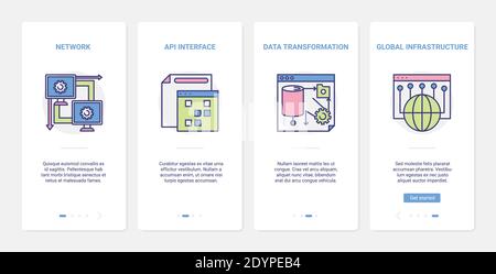 Wissenschaft Datenumwandlung, globale Netzwerkinfrastruktur Vektor-Illustration. UX, UI Onboarding mobile App Seite Bildschirm mit Linie API-Benutzeroberfläche Tech digitale Symbole, Netzwerktechnologie Stock Vektor
