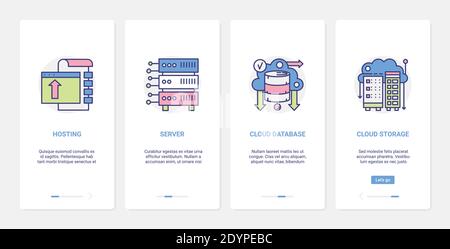 Vektordarstellung der Daten-Cloud-Speichertechnologie. UX, UI Onboarding mobile App Seite Bildschirm mit Tech Line Server-Datenbank Hosting, Speicherung von Informationen Dateisystem, Internet-Computer-Service Stock Vektor