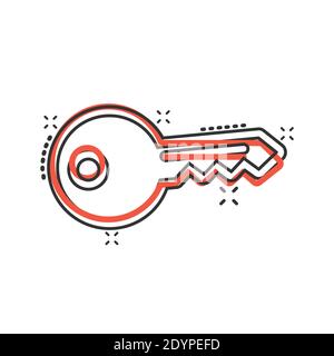 Schlüsselikone im Comic-Stil. Passwort Cartoon Vektor-Illustration auf weißem isolierten Hintergrund. Zugriff auf das Geschäftskonzept mit Splash-Effekt. Stock Vektor