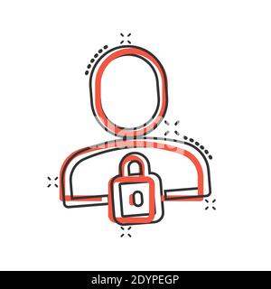 Login-Symbol im Comic-Stil. Menschen sicheren Zugang Cartoon Vektor-Illustration auf weißem isolierten Hintergrund. Passwort genehmigt Splash-Effekt Business con Stock Vektor