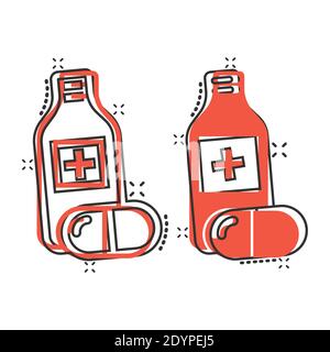 Pille Flasche Symbol im Comic-Stil. Drogen Cartoon Vektor-Illustration auf weißem isolierten Hintergrund. Pharmazie Splash-Effekt Geschäftskonzept. Stock Vektor