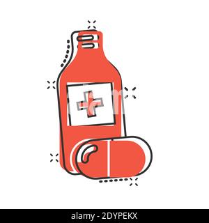 Pille Flasche Symbol im Comic-Stil. Drogen Cartoon Vektor-Illustration auf weißem isolierten Hintergrund. Pharmazie Splash-Effekt Geschäftskonzept. Stock Vektor
