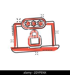 Laptop mit Passwort-Symbol im Comic-Stil. Computer-Zugriff Cartoon Vektor-Illustration auf weißem isolierten Hintergrund. Vorhängeschloss Eintritt Splash-Effekt Busine Stock Vektor