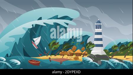 Tsunami Meereslandschaft Sturmlandschaft Naturkatastrophe, riesige Welle mit kleinen Insel und Leuchtturm Stock Vektor