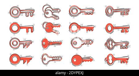 Key Icon Set im Comic-Stil. Kennwortsammlung Cartoon Vektor Illustration auf weißem isolierten Hintergrund. Greifen Sie auf das Geschäftskonzept Splash Effect zu. Stock Vektor