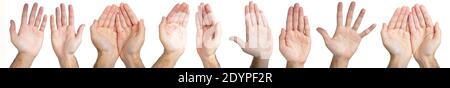 Männliche Hand Gesten und Zeichen Sammlung isoliert Ausschnitt auf weißem Hintergrund, Satz von mehreren Bildern Stockfoto