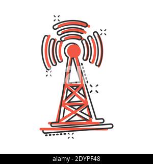Antennenturm-Ikone im Comic-Stil. Broadcasting Cartoon Vektor-Illustration auf weißem Hintergrund isoliert. Business-Konzept mit WiFi-Splash-Effekt. Stock Vektor