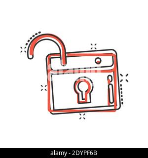Locker-Symbol im Comic-Stil. Vorhängeschloss Passwort Cartoon Vektor-Illustration auf weißem isolierten Hintergrund. Geschäftskonzept mit Splash-Effekt zum Entsperren. Stock Vektor