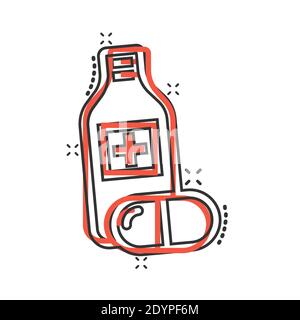 Pille Flasche Symbol im Comic-Stil. Drogen Cartoon Vektor-Illustration auf weißem isolierten Hintergrund. Pharmazie Splash-Effekt Geschäftskonzept. Stock Vektor