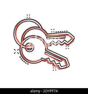 Schlüsselikone im Comic-Stil. Passwort Cartoon Vektor-Illustration auf weißem isolierten Hintergrund. Zugriff auf das Geschäftskonzept mit Splash-Effekt. Stock Vektor