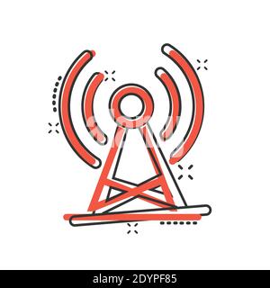 Antennenturm-Ikone im Comic-Stil. Broadcasting Cartoon Vektor-Illustration auf weißem Hintergrund isoliert. Business-Konzept mit WiFi-Splash-Effekt. Stock Vektor