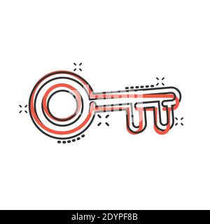 Schlüsselikone im Comic-Stil. Passwort Cartoon Vektor-Illustration auf weißem isolierten Hintergrund. Zugriff auf das Geschäftskonzept mit Splash-Effekt. Stock Vektor