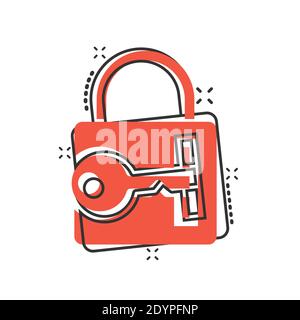 Locker-Symbol im Comic-Stil. Vorhängeschloss Passwort Cartoon Vektor-Illustration auf weißem isolierten Hintergrund. Geschäftskonzept mit Splash-Effekt zum Entsperren. Stock Vektor