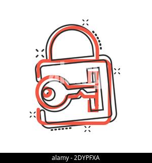Locker-Symbol im Comic-Stil. Vorhängeschloss Passwort Cartoon Vektor-Illustration auf weißem isolierten Hintergrund. Geschäftskonzept mit Splash-Effekt zum Entsperren. Stock Vektor