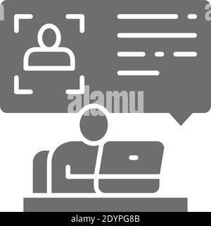 Mann am Computer liest einen Lebenslauf, id-Verifizierung graues Symbol. Stock Vektor