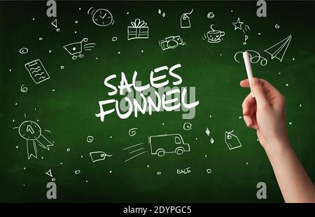 Handzeichnung Sales Funnel Inschrift mit weißer Kreide auf Tafel, Online Shopping Konzept Stockfoto