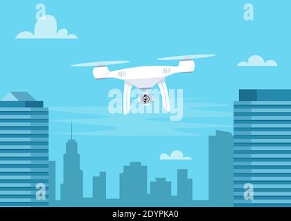 Drohne mit Action Kamera. Air Video und Fotografie. Fliegender Quadrocopter mit Kamera über die Stadt. Vektorgrafik für Banner Stock Vektor
