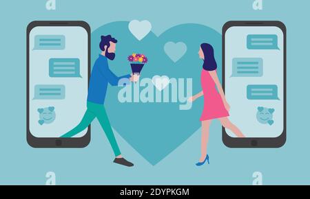 Online-Dating-Konzept - Mann und Frau Treffen nach Online Messaging Stock Vektor