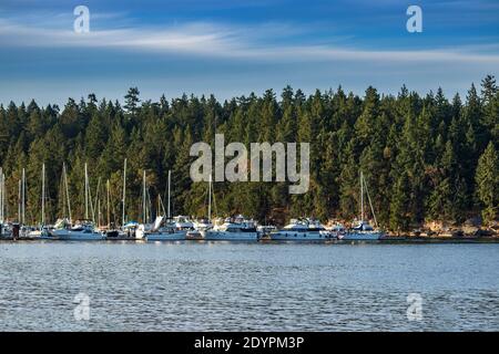 Die Boote dockten in der Nanaimo Marina, BC, Kanada. Nanaimo ist eine Hafenstadt auf der Vancouver Insel. Es ist ein BC Ferry Terminal und betreibt einen geschäftigen Service Stockfoto