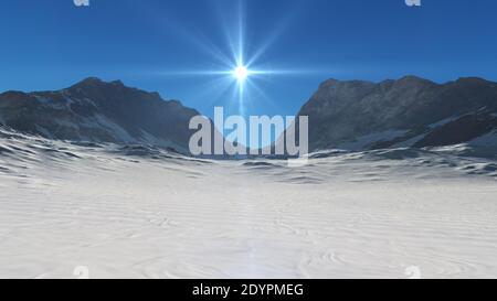 Mountain Snow Sun Ray Illustration, 3d Rendering Stockfoto