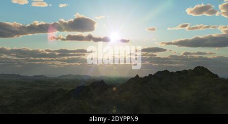 Bergpanorama über den Wolken Sonnenuntergang. Computergenerierte 3D-Illustration Stockfoto Bergpanorama über den Wolken Sonnenuntergang. Computergenerierte 3D-Illustration Stockfoto
