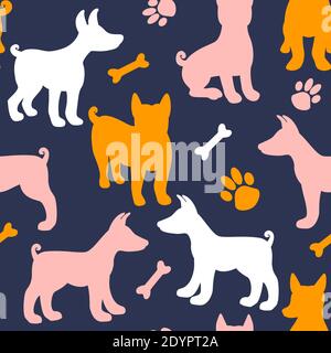 Hund Silhouette nahtlose Muster. Oberflächengestaltung Textur über Pet Dogs Rasse Basenji. Vektor-Illustration Farbe Form auf dunkelblauem Hintergrund Stock Vektor