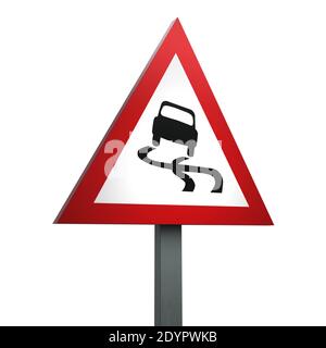 3D Render Road Zeichen der rutschigen Straße isoliert auf einem Weißer Hintergrund Stockfoto