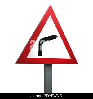 3D Render Road Sign of Bend to Right isoliert auf Ein weißer Hintergrund Stockfoto