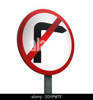 3D Render Road Sign von No Right Turn isoliert ein Ein weißer Hintergrund Stockfoto