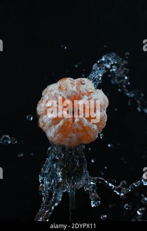 Mandarinen mit Wasserspritzer auf schwarzem Hintergrund Stockfoto