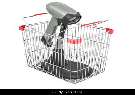 Warenkorb mit Barcode-Lesegerät, Scanner. 3D-Rendering auf weißem Hintergrund isoliert Stockfoto